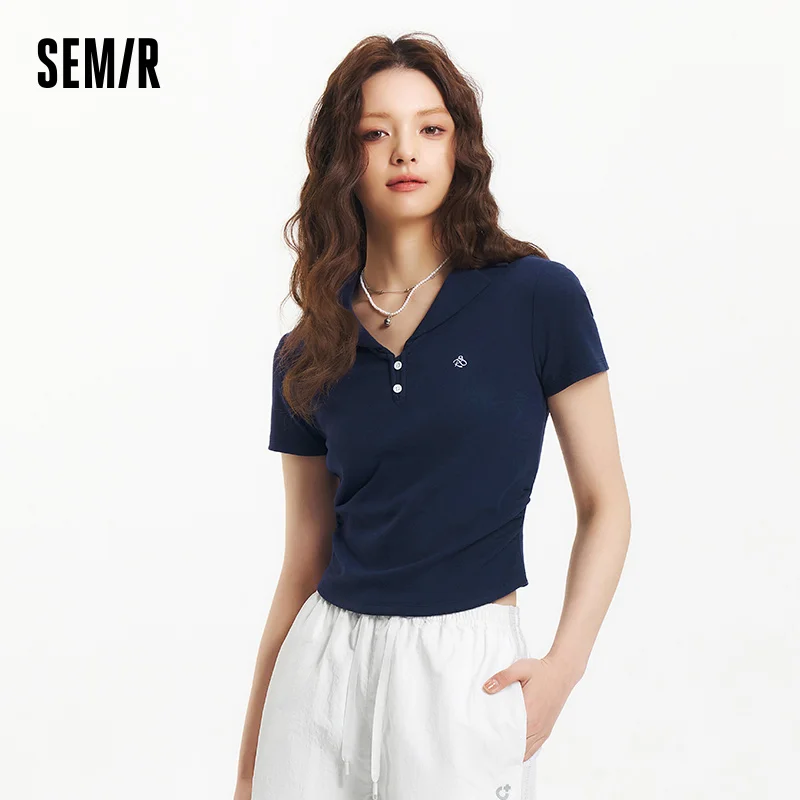 Semir Polo Shirt Women Cropped Blazer Collar 2025 New Summer Embroidered Cool Feeling Slim Fit Top Slimming for Chic Outfits