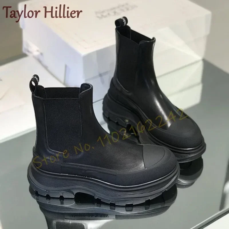

Black Thick-Soled Chelsea Boots With Round Toe And Non-Slip Slip-On Leather Ankle Boots For Party And Catwalk Formal Boots 40
