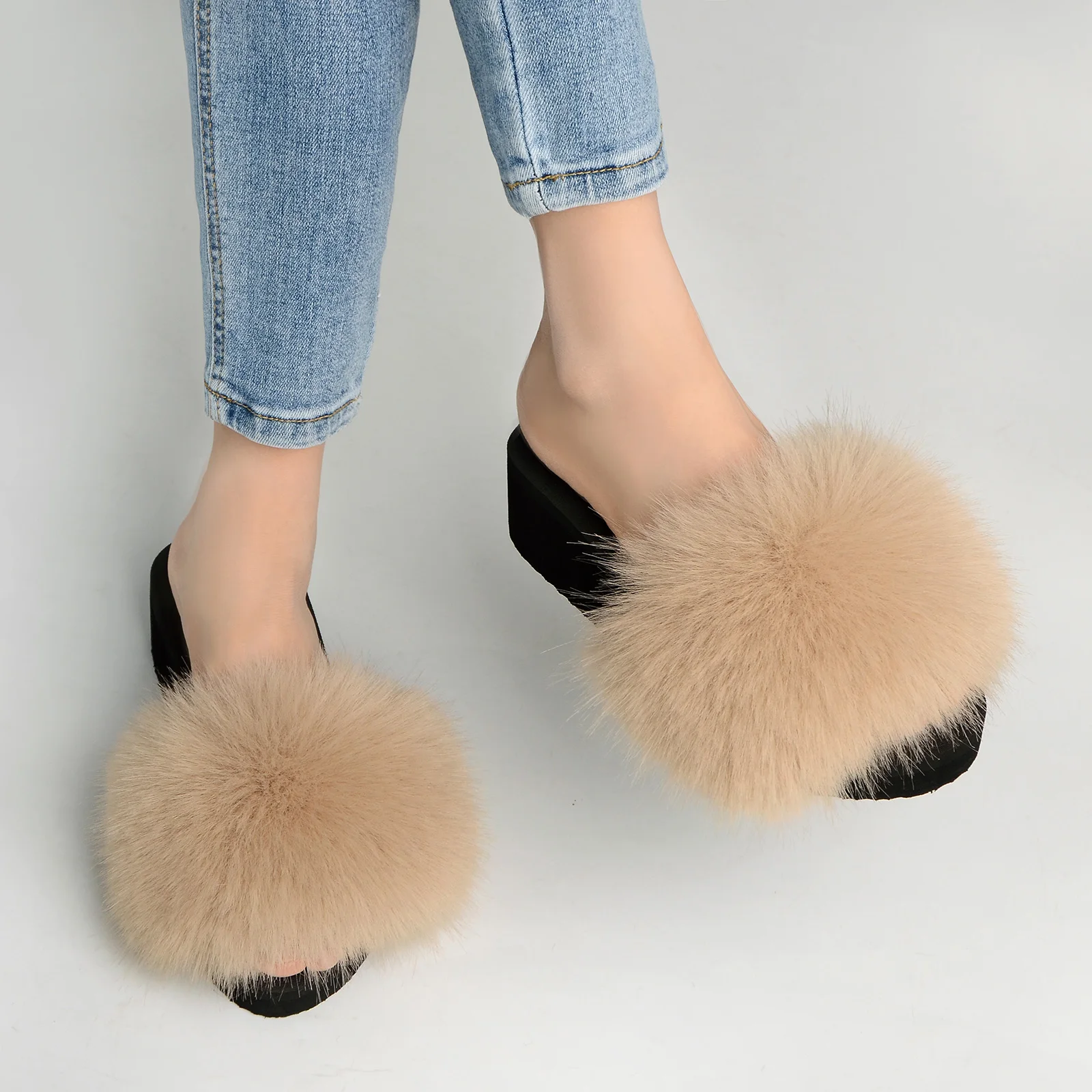 New Style Women\'S Furry Fur Slippers Fake Fox Fur Fluffy Sandals Summer Non-Slip Open-Toed Indoor Sandals