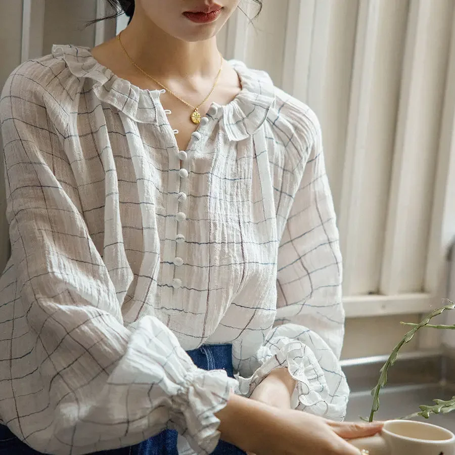 

Plaid Super Cotton Linen Yarn Peter Pan Collar Long Sleeve Women Shirt Blouse New 2024 Spring Summer Z517