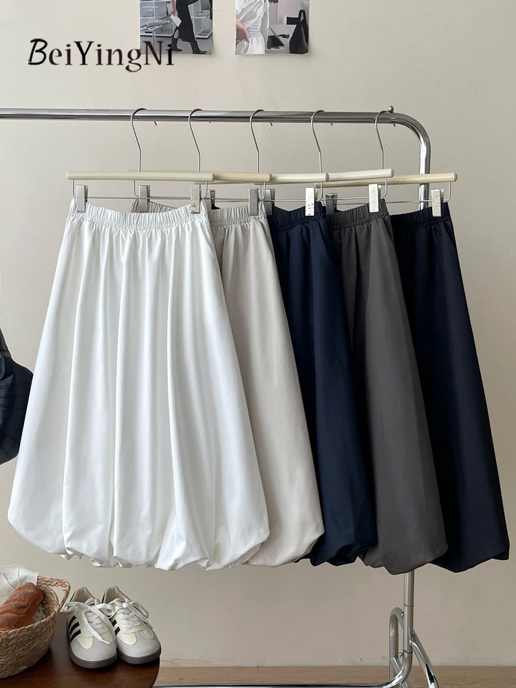 Spódnice midi Beiyingni damskie, długie, w kształcie litery A, jednokolorowe, nowa moda, codzienne, z wysokim stanem, spódnice typu \"bud skirt\" 2025, koreański krój rozkloszowany, faldas.