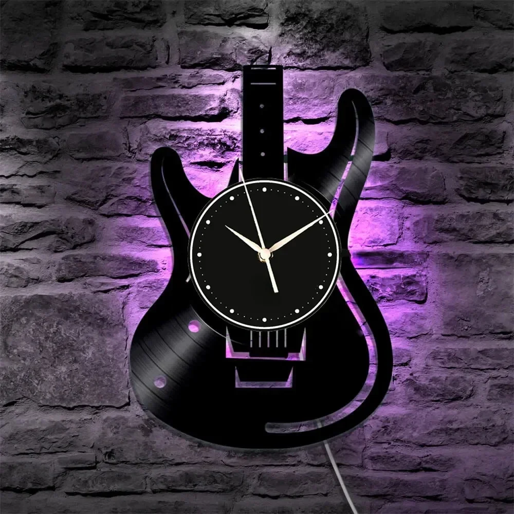 Vintage Guitar Vinyl Record Wall Clock with RGB LED Lights for Guitar and Rock Enthusiasts' Home Wall Decoration Clock Gift