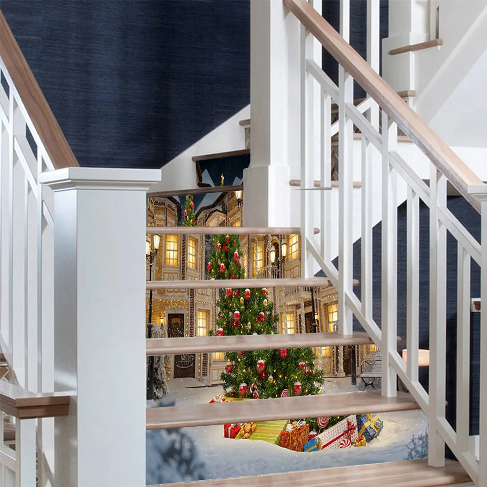 Christmas Tree Stairs Sticker Removable Santa Bell Snowflake Staircase Mural For Home Corridor Decor Stair Decals