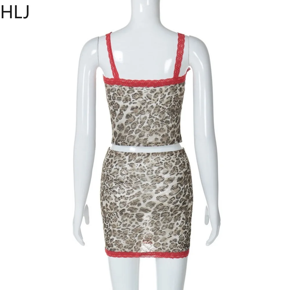 HLJ Sexy Y2K Retro Punk Leopard Print Lace Splicing Two Piece Sets Women V Neck Thin Strap Vest + Mini Skirts Outfits Streetwear