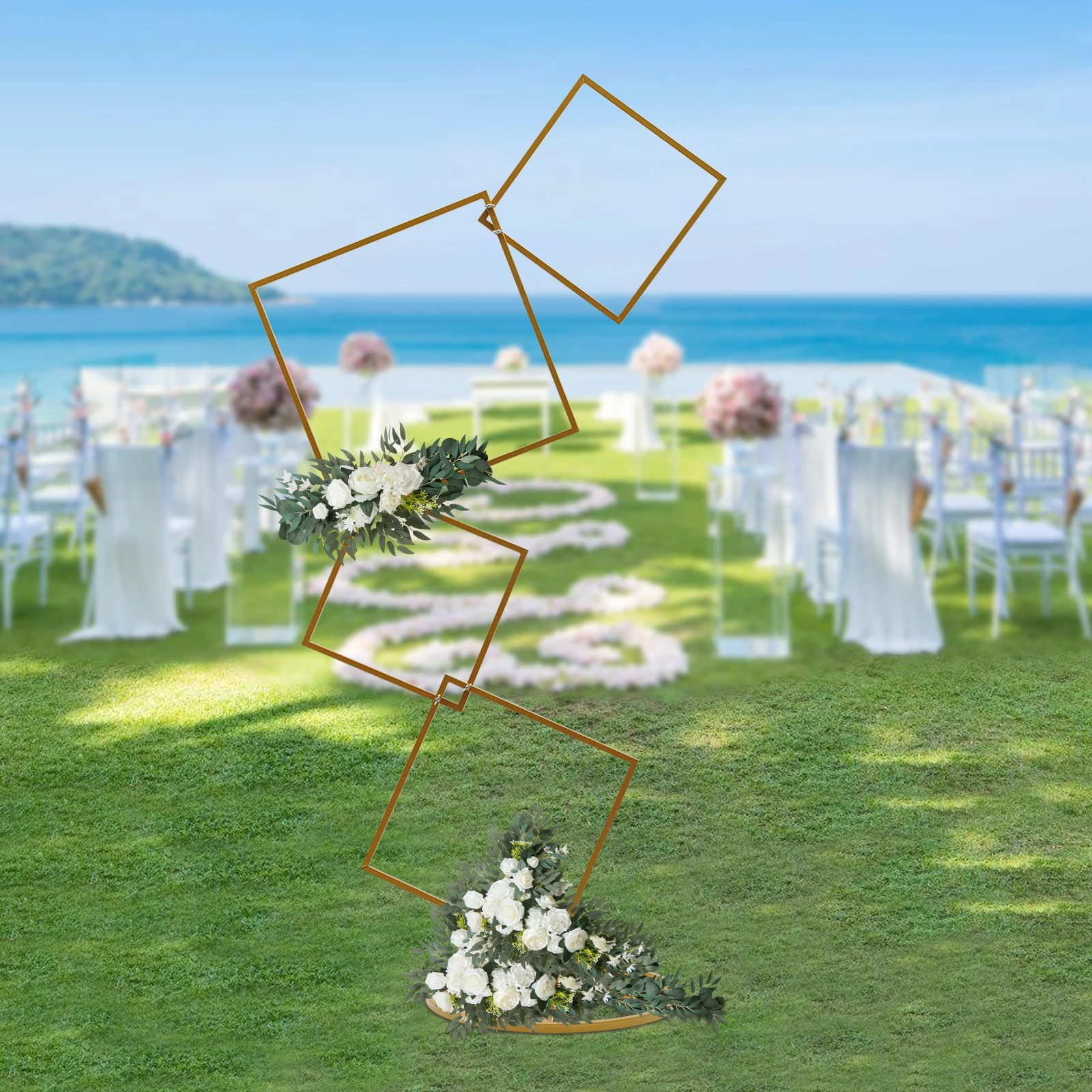 

Gold Wedding Square Backdrop Stand Detachable 4 Tier Gold Metal Flower Square Frame for Photo Booth Background, Aisle Decor