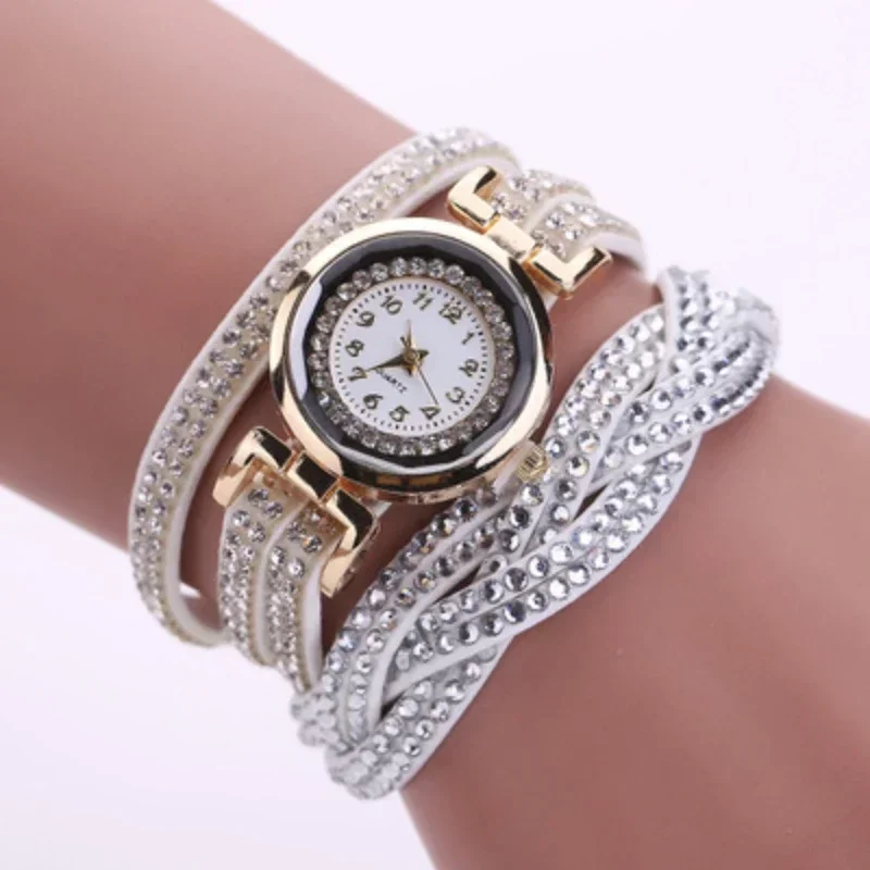 Reloj de cuero con correa larga para mujer, relojes de cuarzo con diamantes de imitación, pulsera informal, regalo femenino