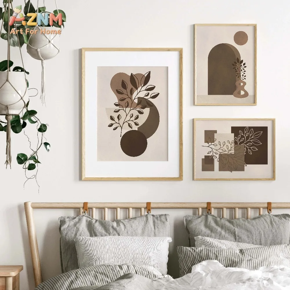AZNM 3Pcs Boho Abstract Botanical Canvas Wall Art, Neutral Brown Geometric Arch Line Leaf Print Frameless Canvas Painting,