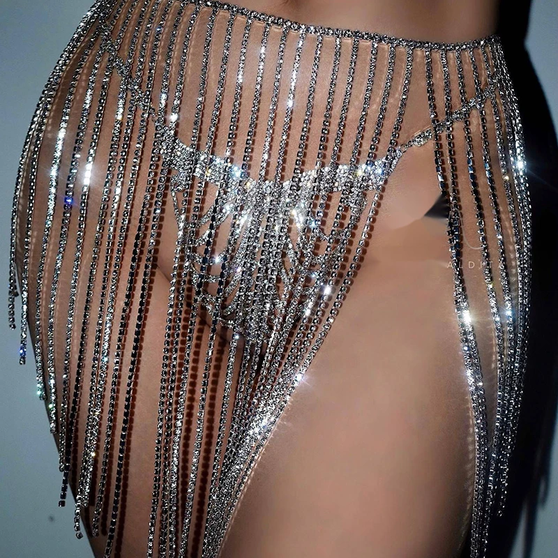 

AKYZO Luxury Diamonds Tassel Fringe Skirt for Women See Through Festival Rave Party Sexy Skirt with Waist Chain Clubwear