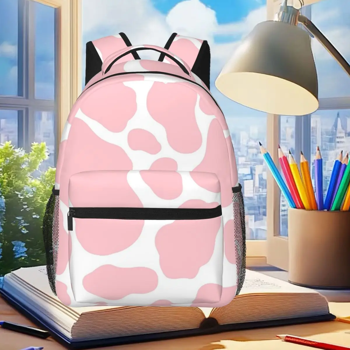 Strawberry Cow Print Backpack Student Boys Girls BookBag Kids School Bag Laptop Shoulder Bags for Men Women