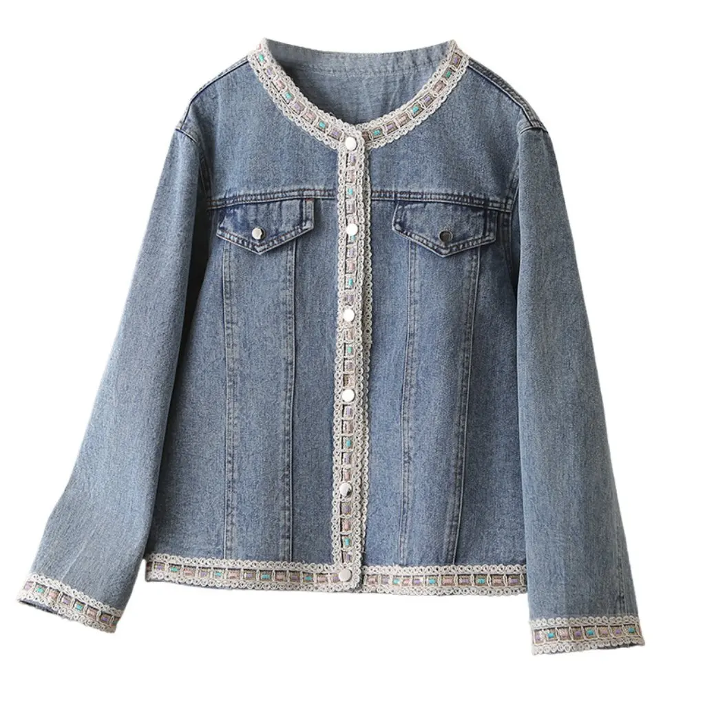 

Fashionable Lace Round Neck Open Cardigan Women's Plus Size Sequin Denim Shirt Outerwear for Plump MM Autumn Trendy Style