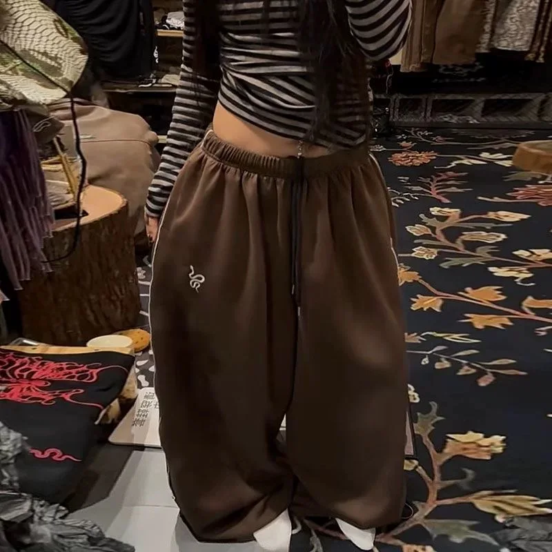 Deeptown Green Embroidery Wide Leg Women Dance Pants Gray American Vintage Oversized Straight Trousers Basic Casual Hip Hop