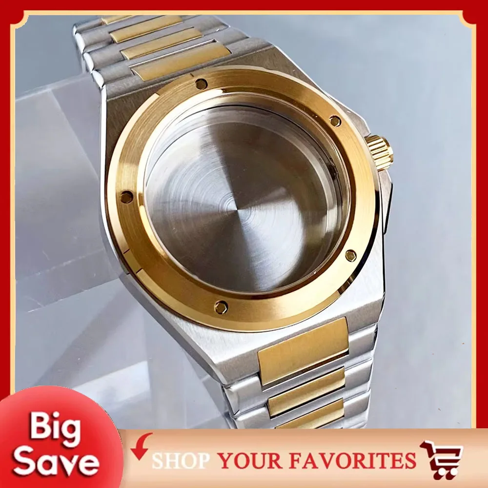 

20ATM Waterproof 40mm Two Tone Gold Sapphire Glass Diver Watch Case Fit NH35 NH36 NH34 Movement Men Watch Part Steel Bracelet