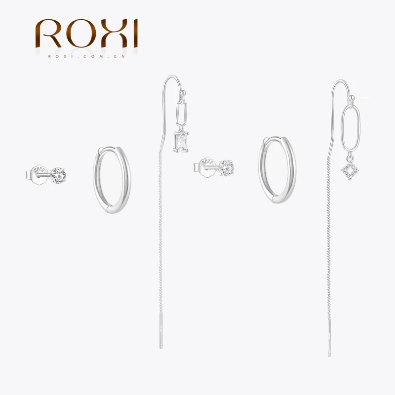 ROXI 925 Sterling Silver Summer 3 Piece 4 Claws Square/AroundTassel Piercing Earrings Set For Women Party Travel Silver Jewelry