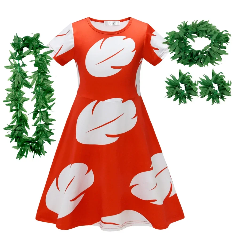 

Lilo Dress Girls Stitch Cosplay Hawaiian Halloween Costume Girl Clothing Red Leaves Kids Summer Dresses