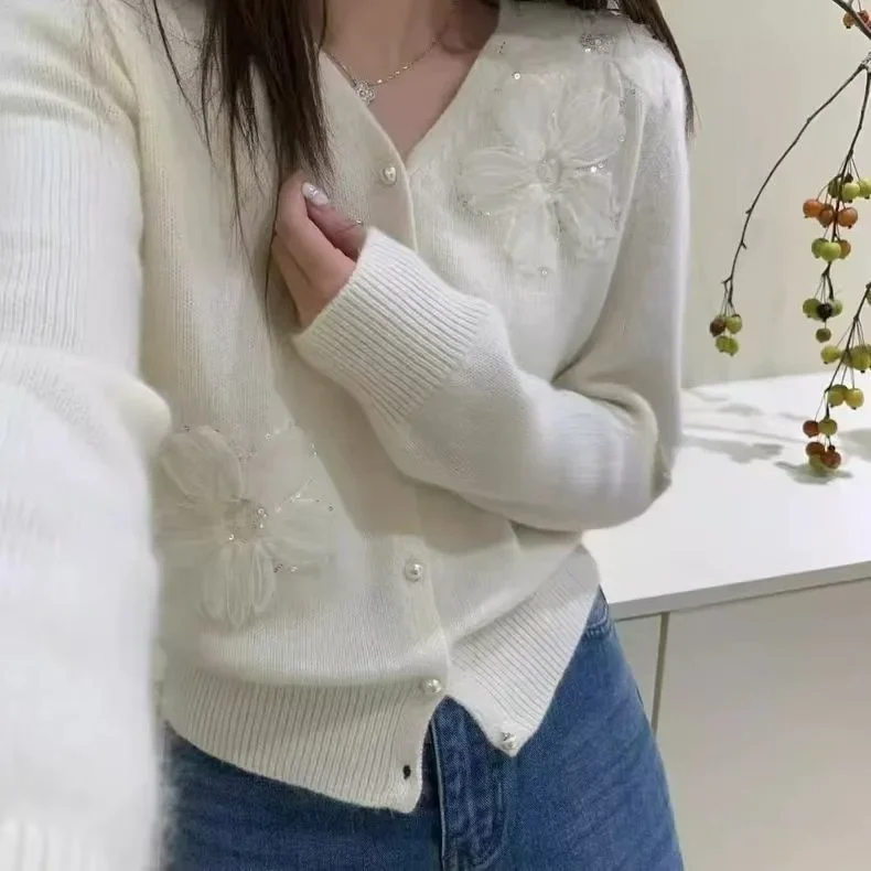 ربيع الخريف محبوك لينة مريحة تصميم الأزهار المرأة المفتوحة سترة الخامس الرقبة أكمام العصرية سترة عارضة نمط مريح #3