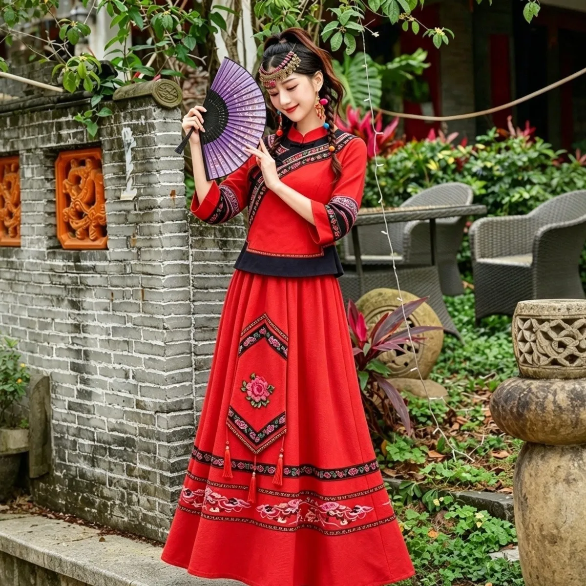 Retro Miao Ethnic Women's Embroidered Two-Piece Set Daily Wear  Dress And Skirt Autumn Fashion Traditional Chinese Clothing