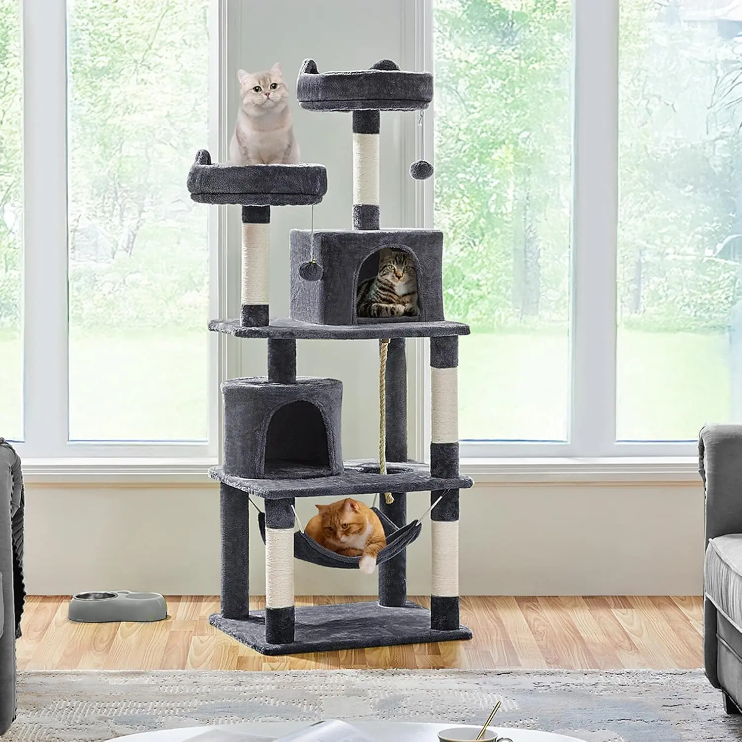 62.2inches Cat Tree Cat Tower Cat Condo with Platform & Hammock, Scratching Posts for Kittens Pet Play House with Plush Perch