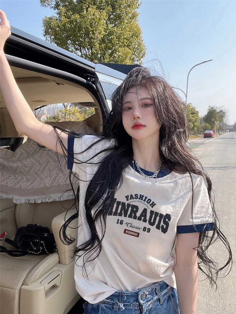 Cseta de Aodão Estilo Americano de Manga Curta para Mulheres Verão Ultra ular Alta Qualidade Sensação INS Tendência S...