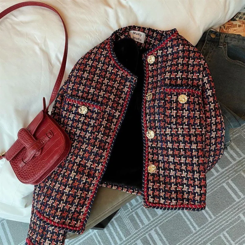 Elegant Weave Plaid Women Blazer Pocket Plus Velvet Winter Causal Tweed Coat Office Ladies Suit Jacket