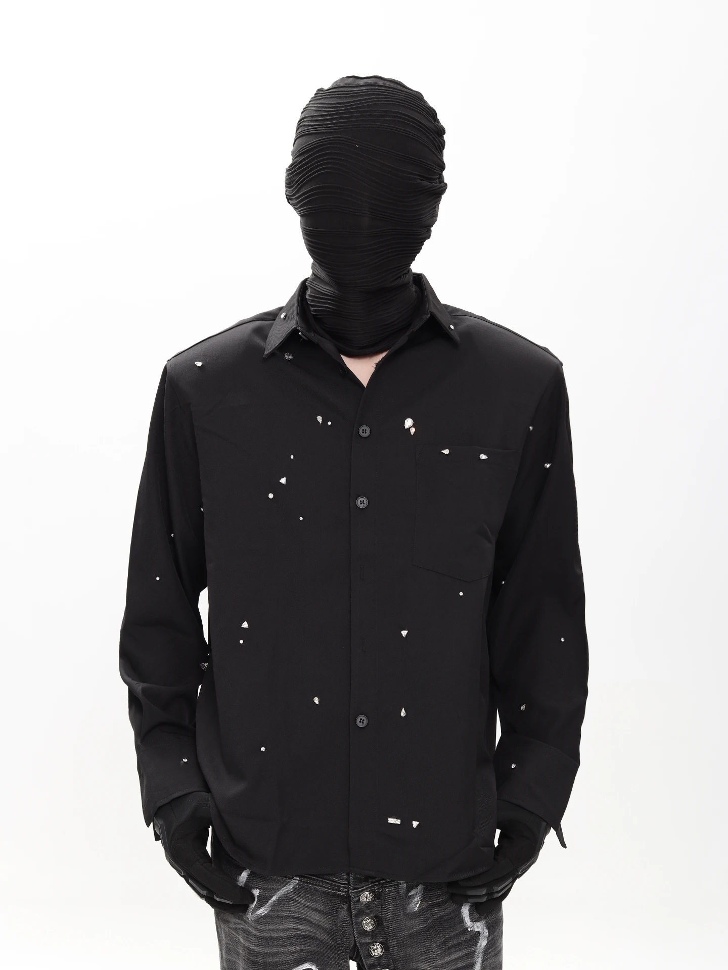 Men Women 2025 Autumn New High-End Shirts Fashion Handsome Long-Sleeve Solid Color Shirts Full Rhinestone Padded Shoulder Tops