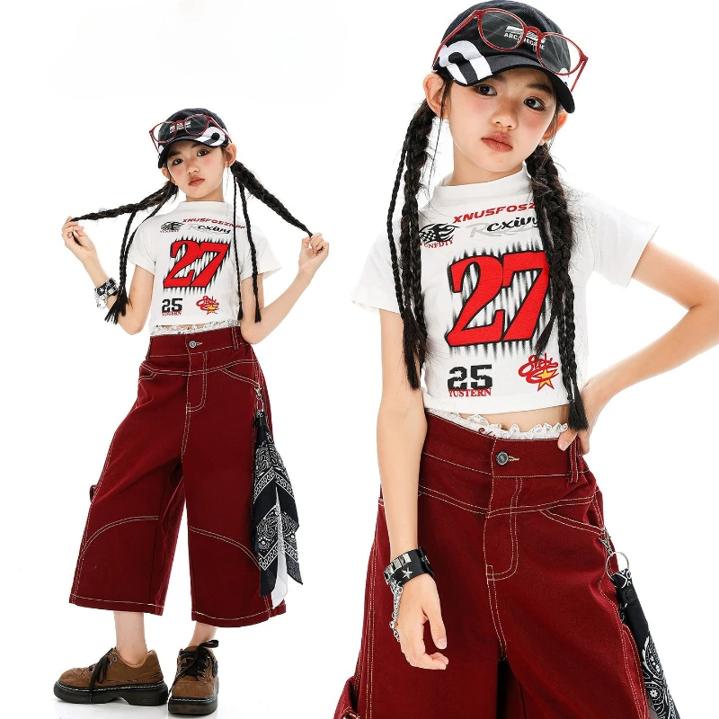

Girls Modern Jazz Dance Clothes White Navel Tops Baggy Shorts Cool Hip Hop Dance Costumes Group Kpop Stage Performance Outfits