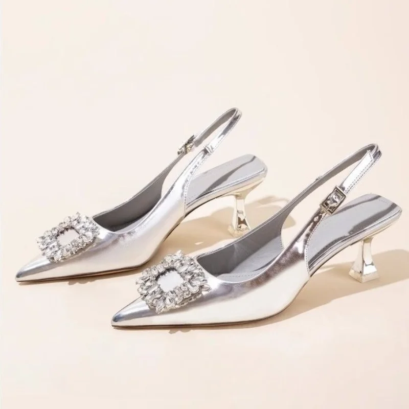 Summer Women Sandals New Women's Shoes Pointed Toe Shallow Nude Pink Diamond Shoes Low Heel Back Strappy  Women Dress Shoes