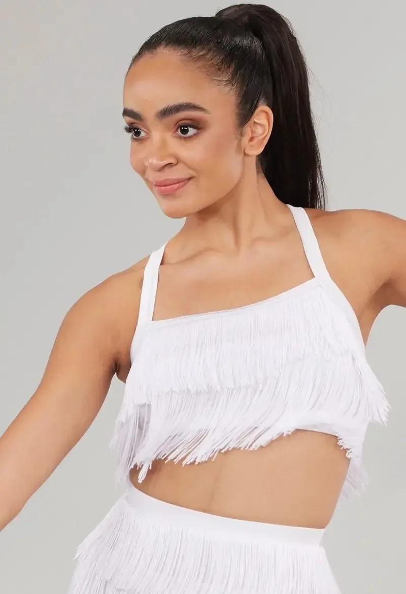 White camisole, split boxer shorts, full body tassel jazz performance outfit