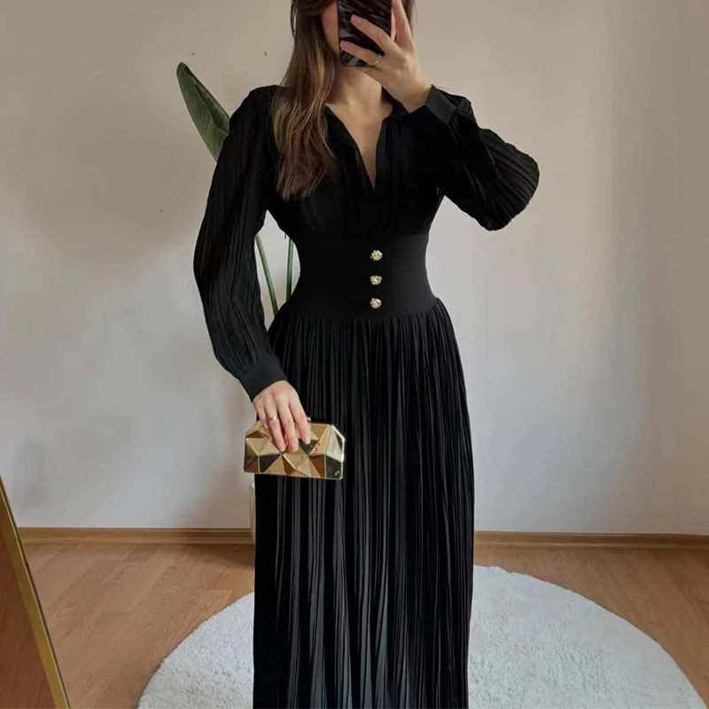 

Элегантное женское платье-рубашка с завышенной талией для офиса, простое однотонное весеннее платье с длинными рукавами, новое атласное плиссированное вечернее платье