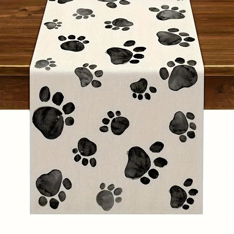 Black White Dog Paw Printed Linen Table Runner Puppy Birthday Party Decor Washable Farmhouse Kitchen Table Runners Home Decor