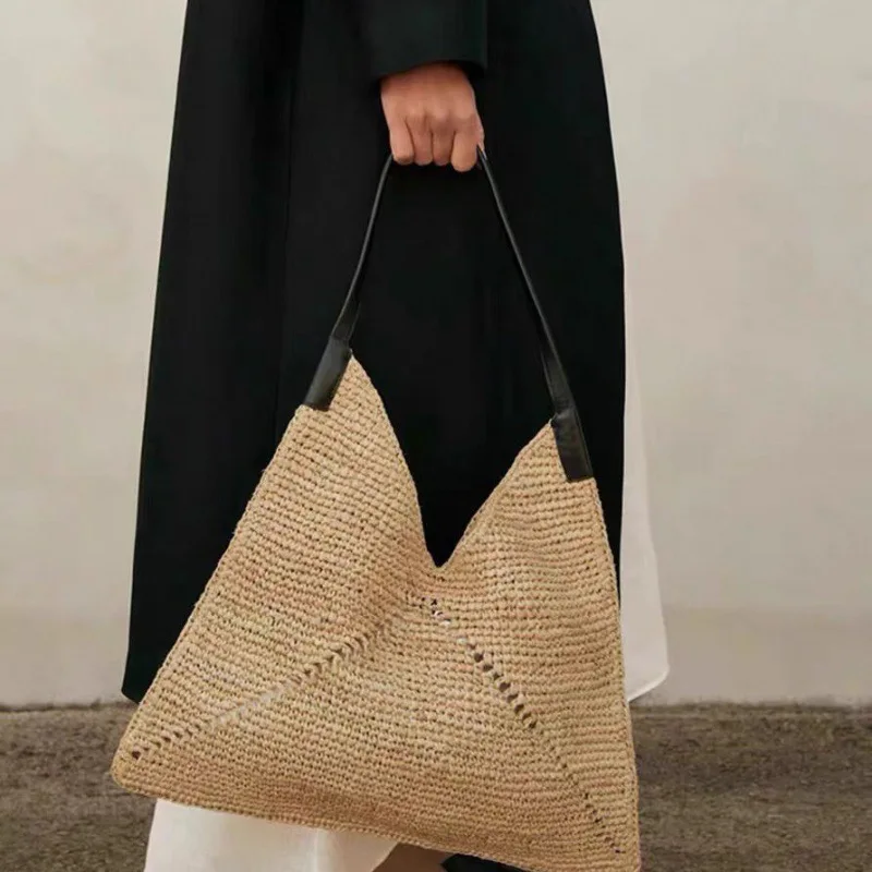 

Women Casual Travel Handbag PU Leather Simple Straw Bag Large Capacity Versatile Weaving Bag Female Leisure Bag