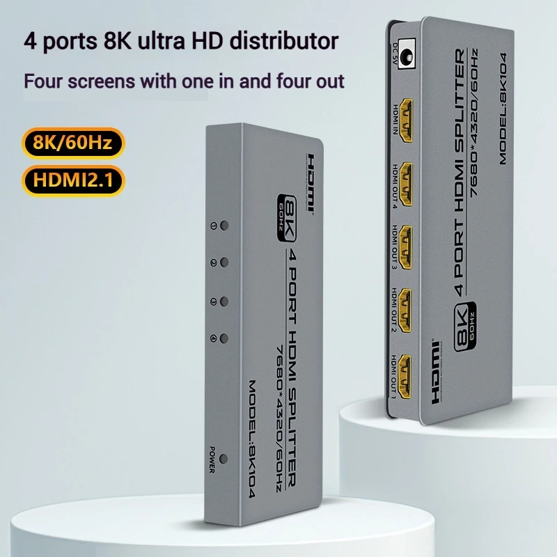 8K/60Hz HDMI Splitter 1x4 HDMI2.1 Splitter 1 In 4 Out Video Distributor HDR 10 3D for PS5 Xbox Camera PC To TV Monitor