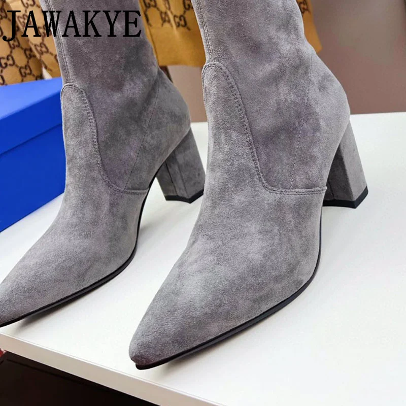 Jesień klasyczne wysokie obcasy kobiety buty zamszowe Pointy Toe kozaki damskie projektant Runway sukienka na buty do kolan dla kobiet