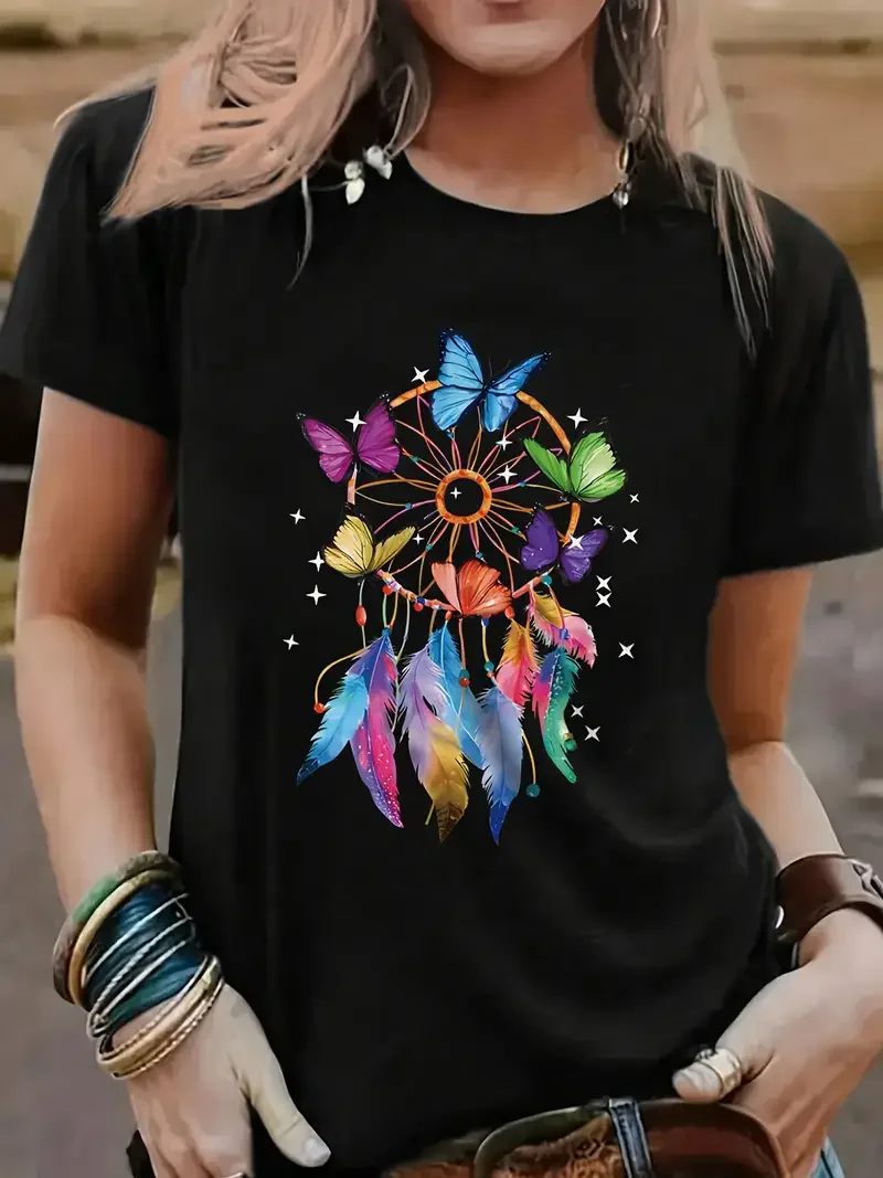T Shirt Butterfly Graphic Print T-shirt Short Sleeve Crew Neck Casual Top for Summer Spring Women's Clothing Top Tee