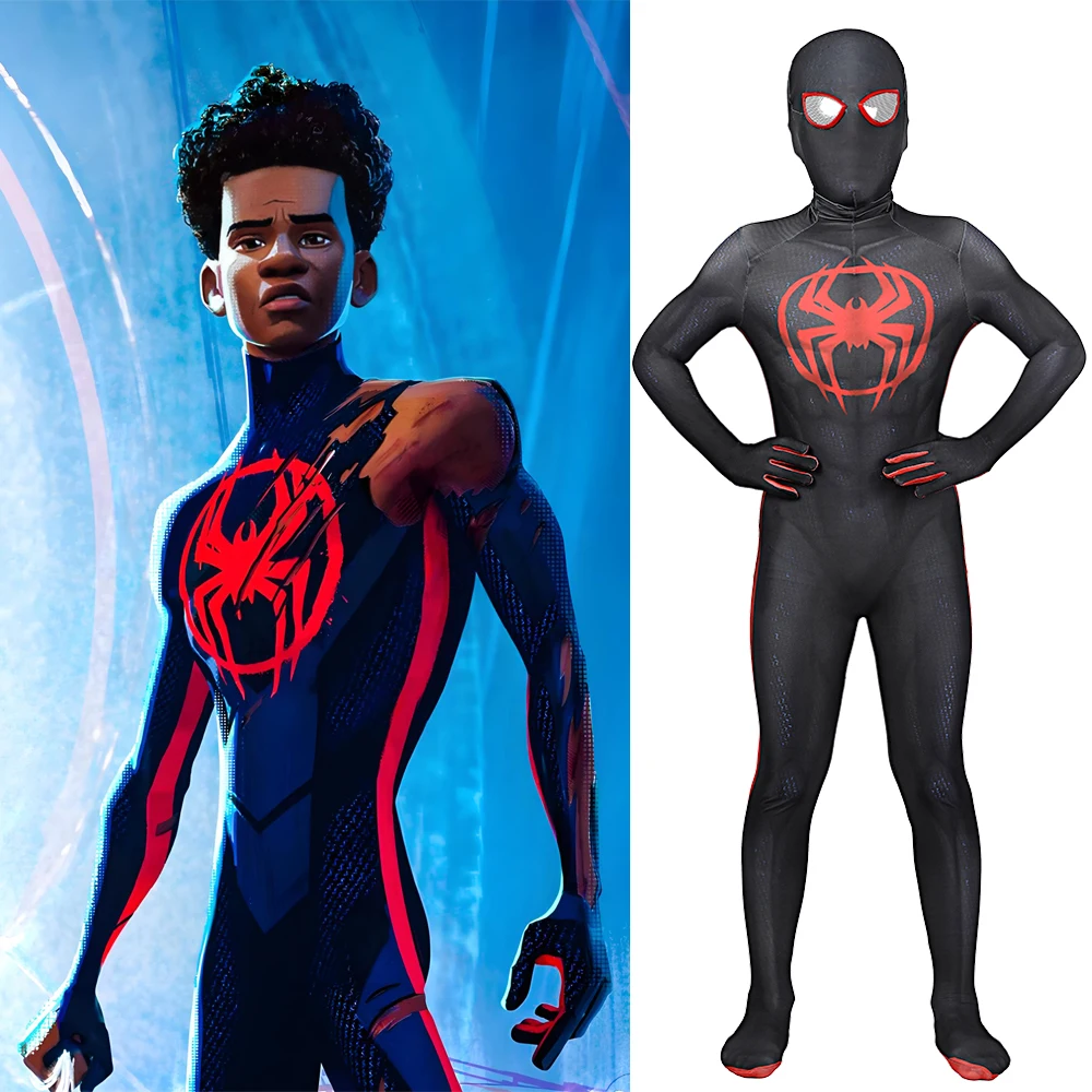 

Человек-паук через SpiderVerse, детский костюм Майлза Моралеса для косплея, костюм супергероя из спандекса с 3D принтом, боди зентай на Хэллоуин для мальчиков