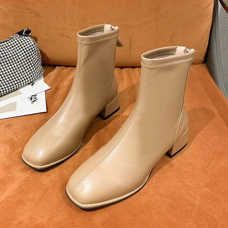 Calcetines elásticos, Botas hasta el tobillo para Mujer, zapatos de tacón grueso con punta cuadrada, Botas cortas Retro, novedad de 2024, Botas para Mujer