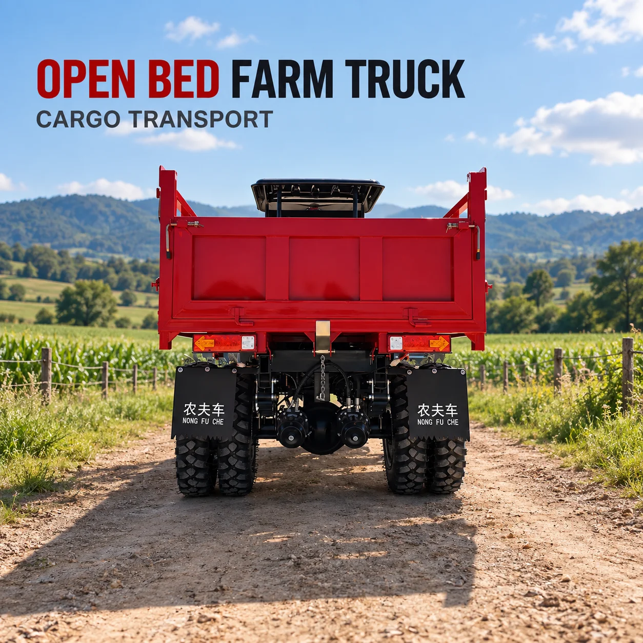 Open Cab Farm Carrier with Boxed Cargo Area and Black Roof for Agricultural Estates
