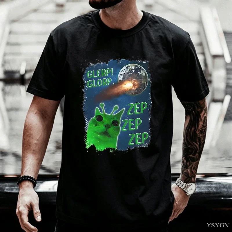 Funny Alien Cat T-Shirt Men Women Humor Brainrot T Shirt Silly Cats Joke T Shirts Cotton Short Sleeve Harajuku Tees Streetwear