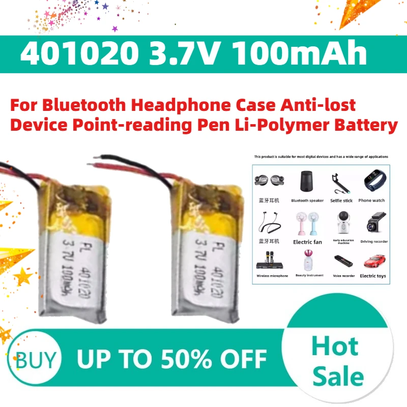 

New 401020 3.7V 100mAh Rechargeable Battery For Bluetooth Headphone Case Anti-lost Device Point-reading Pen Li-Polymer Battery