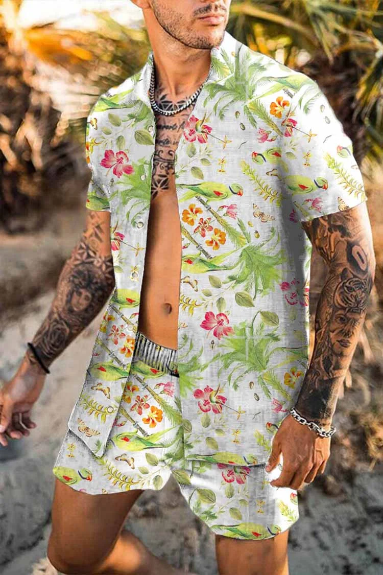 Summer Men's Sets Coconut Tree Tropical Plants Short Sleeve Shirts And Shorts Hawaiian Shirt Button Up Shirt Casual Shirts Sets