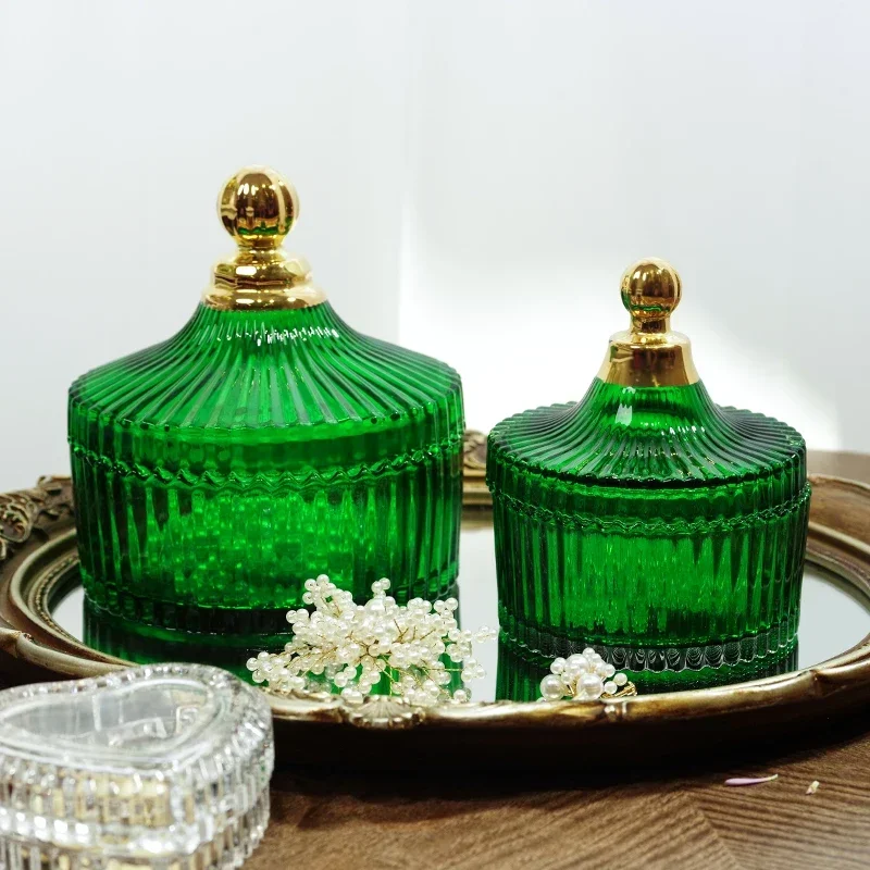 Vintage Green Striped Glass Jar with Lid for Small Objects Jewelry Storage Jar Dressing Table Desktop Decoration Home Decoration