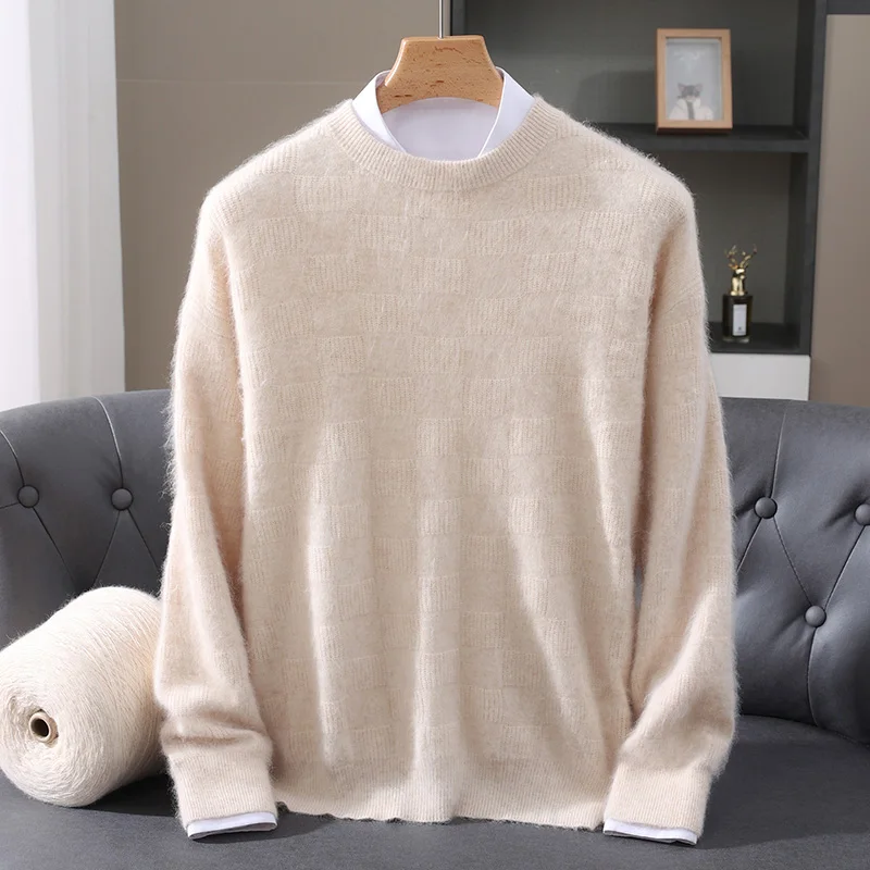 Autumn Winter New Arrival Men's Mink Cashmere Pullover Sweater O-Neck Square Jacquard Vibrant Practical Long Sleeve Knit Top