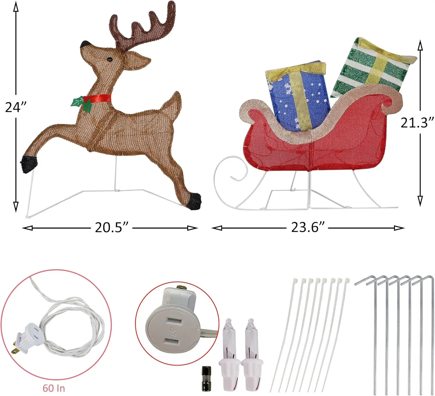 زينة عيد الميلاد المضاءة 25 بوصة × 44 بوصة الرنة، 50 مصباحًا لعيد الميلاد الرنة مع مزلقة وصناديق هدايا، ديكورا مضيئة