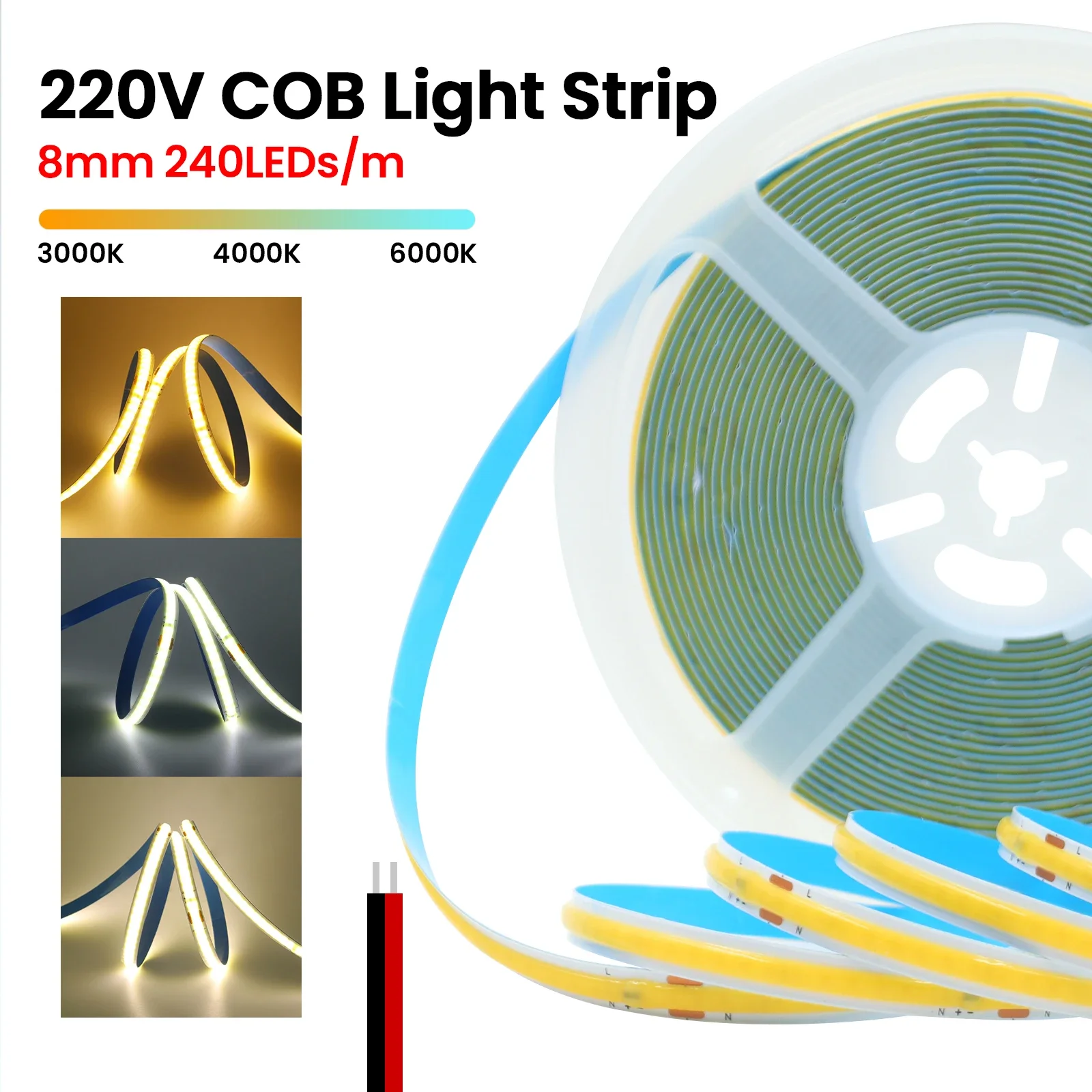 

110V 220V COB LED Strip Light 240Leds/m Flexible Ribbon Tape Rope Lamp 8mm PCB Width 5M 10M 15M 20M for Home Bedroom Decor