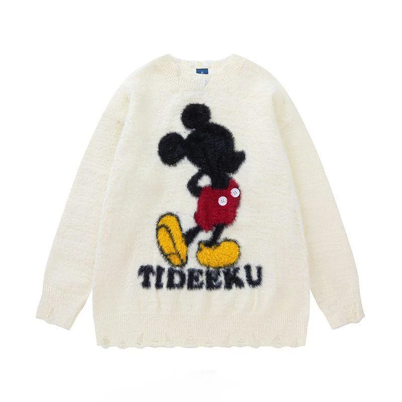 Disney Cartoon Mickey Couple Jacquard Round Neck Knitted Sweater Korean Style Trendy Loose Lazy Style Casual Versatile Pullover