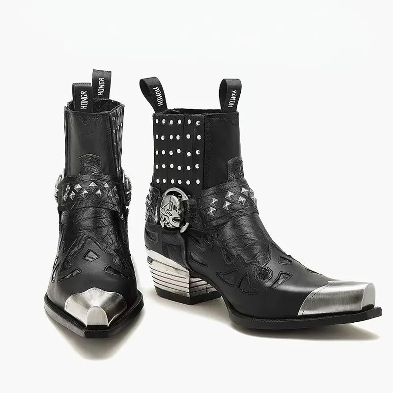 Fashion Leather Motorcycle Boot Design New Women's Black Skeleton Devil Goth Men's Punk Metal Western Combat Boot Plus45