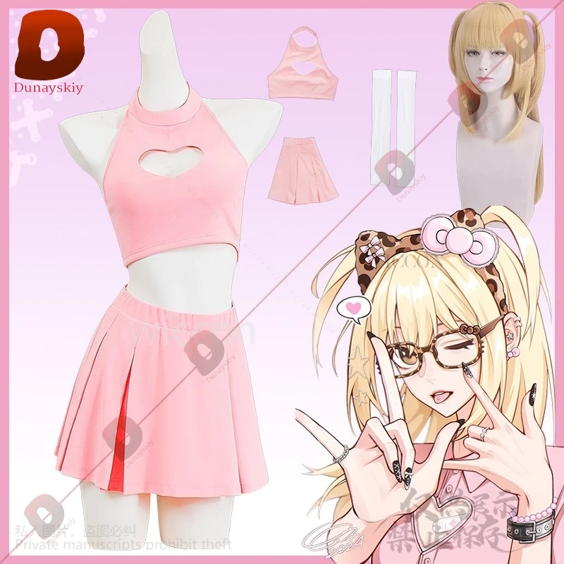 

Anime MisaMisa Cosplay Y2K Jirai Kei Girls Costume Pink Cut-out Love Top Kawaii Sexy Miniskirt Wigs For Halloween Cos платье