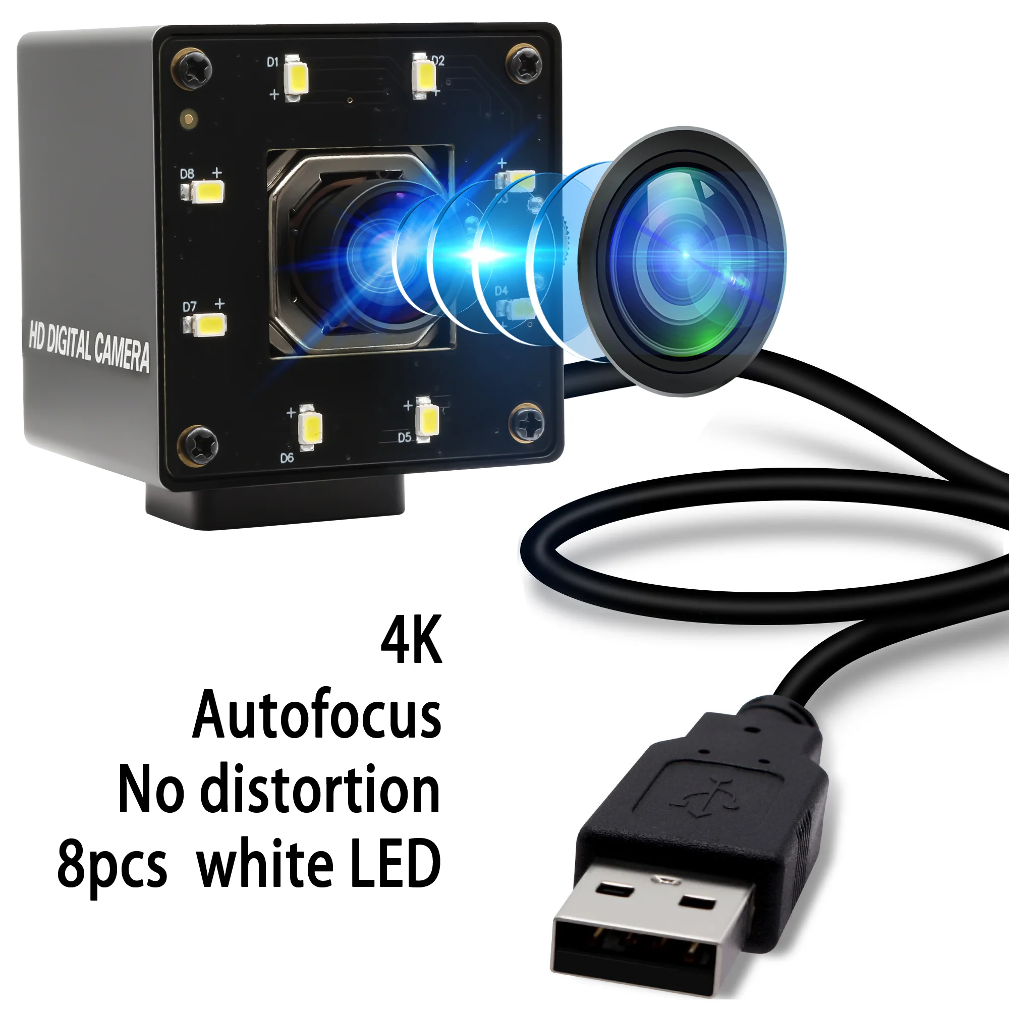 ELP 4K Mini USB Camera Autofocus No Distortion with 8 PCS White LED for Windows Mac Linux Support Live Streaming