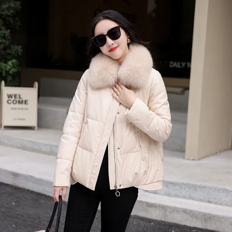 New Women Pink Leather Down Jacket Winter Fashion Warm Real Fox Fur Collar Loose Sheepskin Down Coat Split Leather Thick Coat