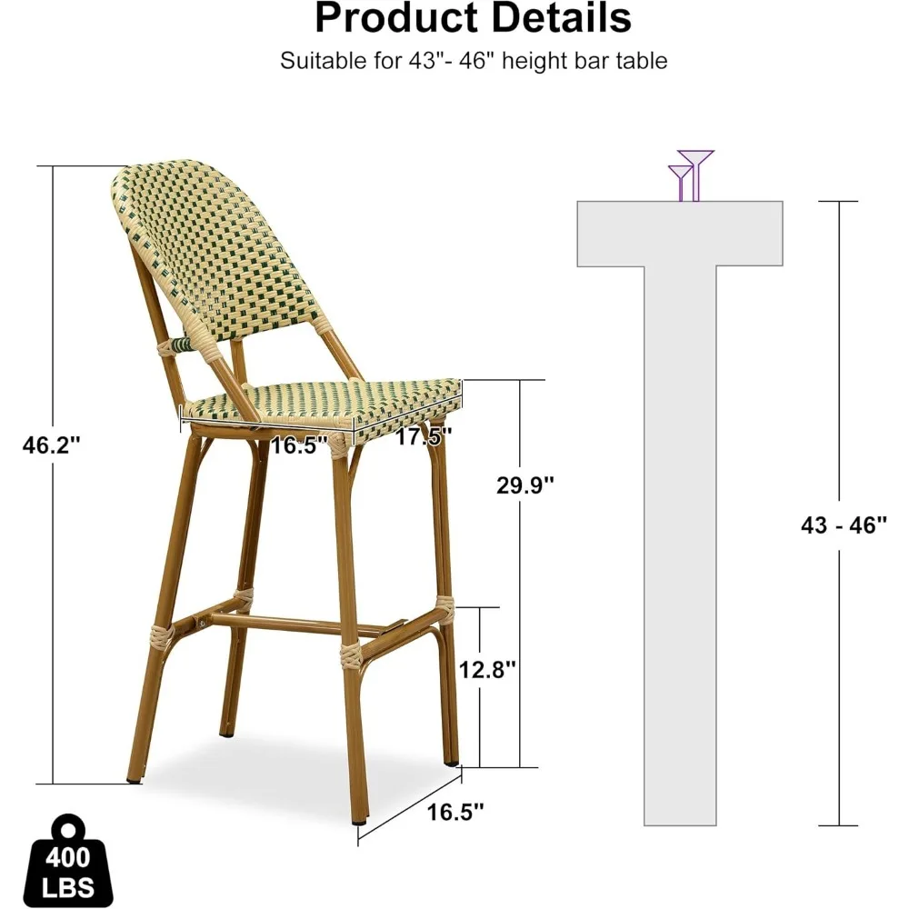 French Country Outdoor Bar Stools Set of 2 Patio Wicker 30 Inch High Bar Stool Chairs Metal Rattan Barstools with Er