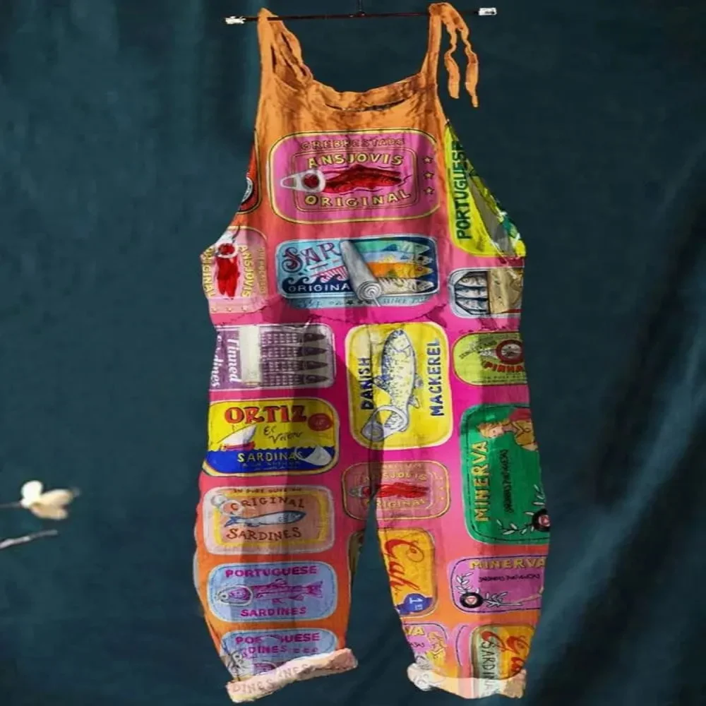 Summer 2025 women's jumpsuit, 3D color sketch cat print fashionable and breathable jumpsuit, adjustable shoulder straps